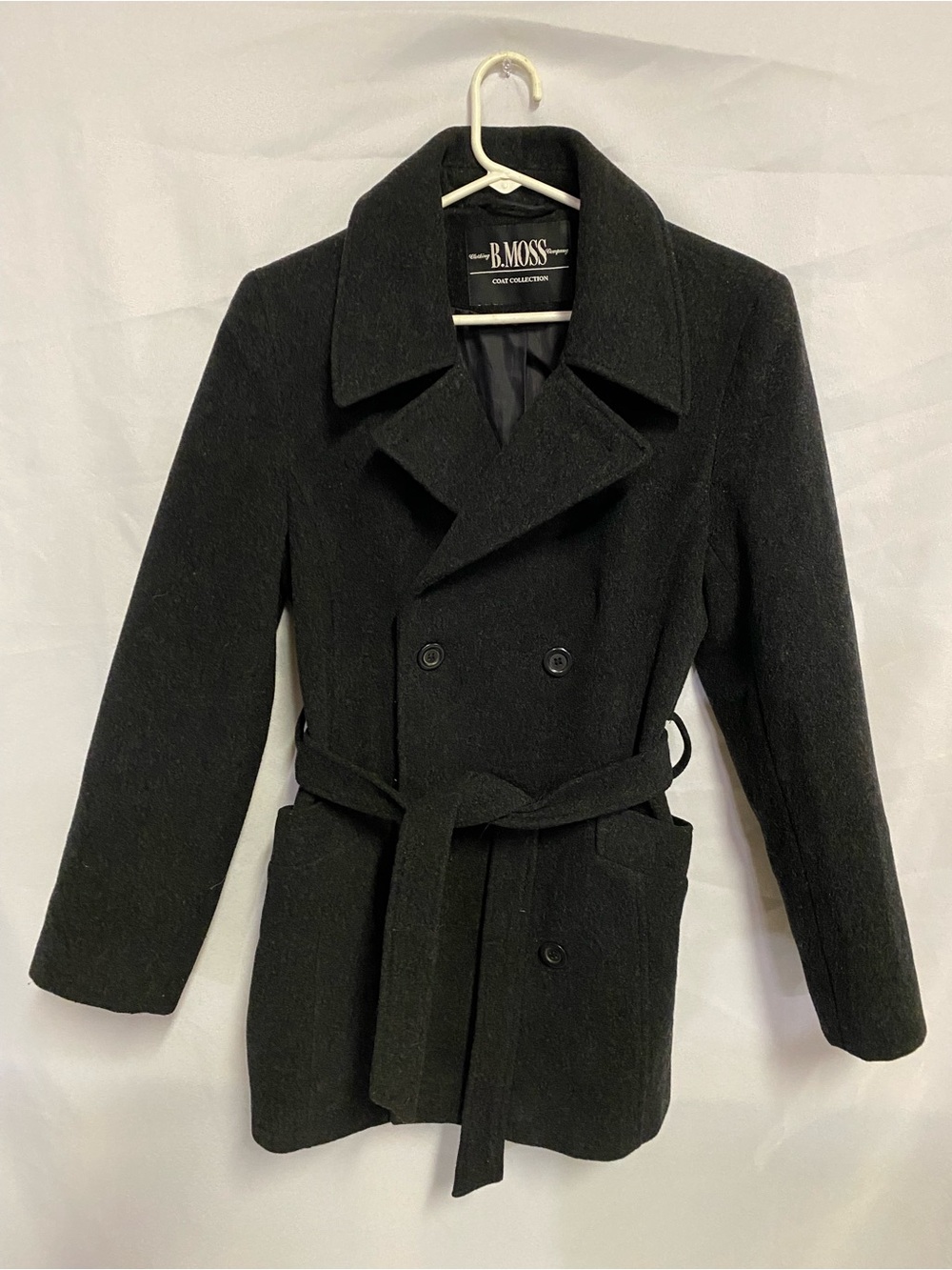 Woman’s Tailor B. Moss Black Double-Breasted Wool Pea Coat with Belt